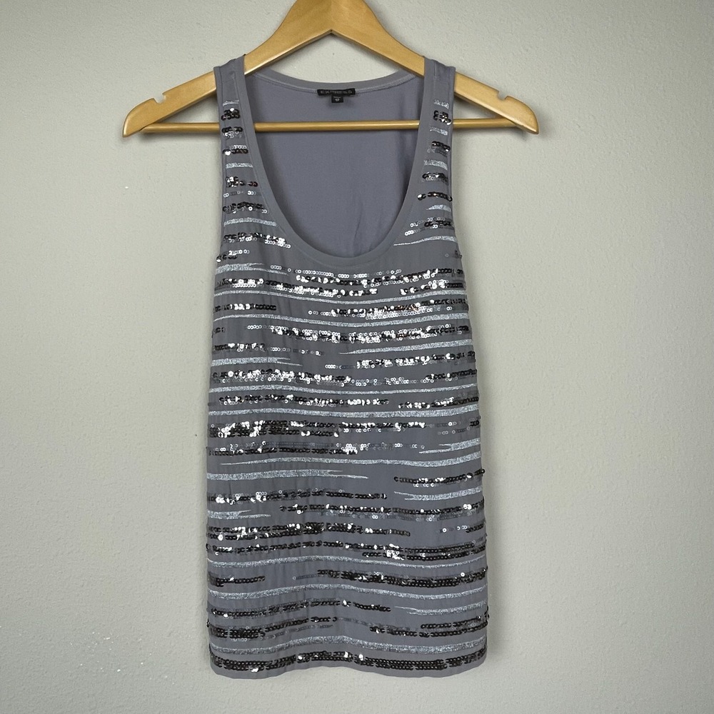 Express Sequin Tank Top Gray Chiffon XS Y2K Whimsigoth Fairycore Scoop Neck